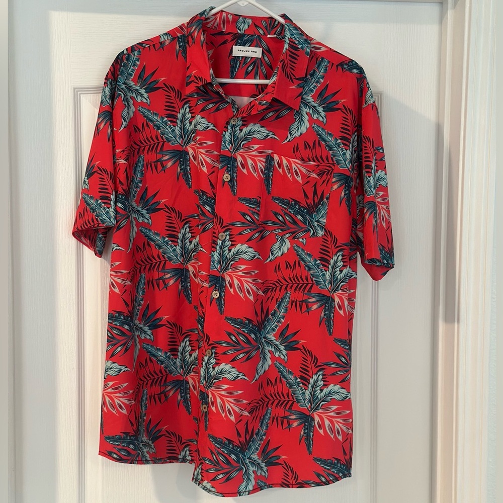 Red Tropical Casual Button Down Shirt